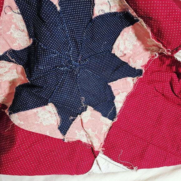 Handmade Patchwork Quilt Top ONLY 85x74 Red Eight Point Lone Star Blocks Calico - Picture 10 of 11